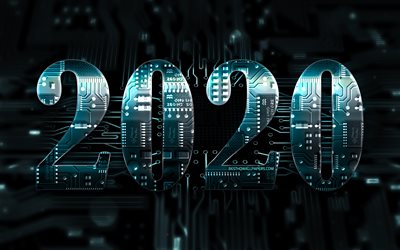 2020 blue 3D digits, chip, Happy New Year 2020, blue hi-tech background, 2020 neon art, 2020 concepts, blue chip digits, 2020 on blue background, 2020 year digits