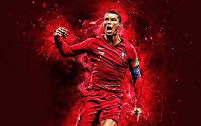 4k, Cristiano Ronaldo, 2019, joy, Portugal National Team, goal, soccer, CR7, Portuguese football team, Ronaldo, red neon lights, Cristiano Ronaldo dos Santos Aveiro