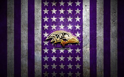 baltimore ravens flagge, nfl, violetter wei&#223;er metallhintergrund, american-football-team, baltimore ravens-logo, usa, american football, goldenes logo, baltimore ravens