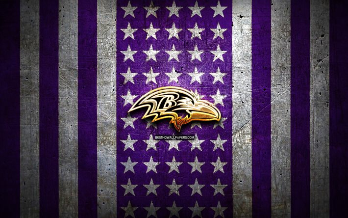 Baltimore Ravens bayrağı, NFL, menekşe beyaz metal arka plan, amerikan futbol takımı, Baltimore Ravens logosu, ABD, amerikan futbolu, altın logo, Baltimore Ravens