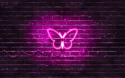 Butterfly neon icon, 4k, violet background, neon symbols, Butterfly, creative, neon icons, Butterfly sign, animals signs, Butterfly icon, animals icons