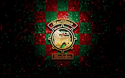 Maritimo FC, glitter logo, Primeira Liga, green red checkered background, soccer, portuguese football club, Maritimo logo, mosaic art, football, CS Maritimo