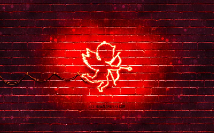 Icona al neon di Cupido, 4k, sfondo rosso, simboli al neon, Cupido, icone al neon, segno di Cupido, segni di amore, icona di Cupido, icone di amore, concetti di amore
