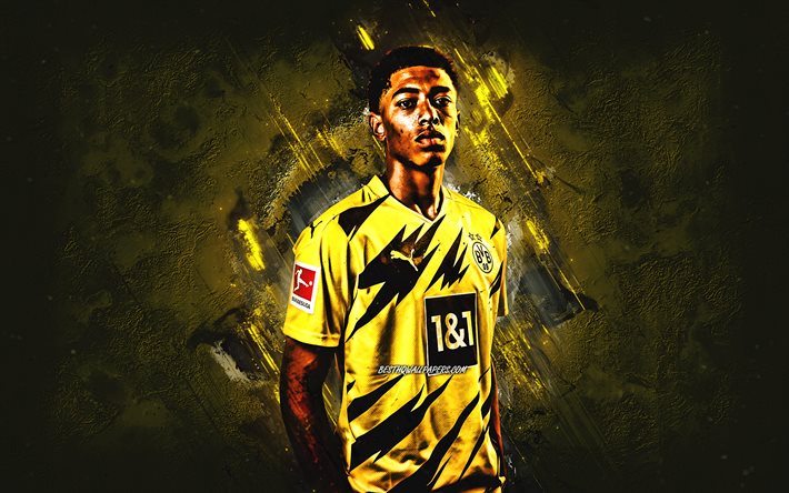 Jude Bellingham, Borussia Dortmund, BVB, english footballer, midfielder, portrait, yellow stone background, football, Bundesliga