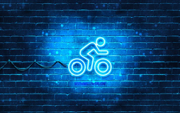 radfahren neon symbol, 4k, blauer hintergrund, neon symbole, radfahren, fahrrad zeichen, sportzeichen, fahrrad symbol, sport symbole