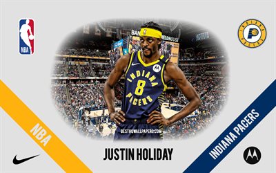 Justin Holiday, Indiana Pacers, amerikkalainen koripallopelaaja, NBA, muotokuva, USA, koripallo, Bankers Life Fieldhouse, Indiana Pacers -logo