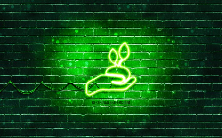umweltschutz neon symbol, 4k, gr&#252;ner hintergrund, neon symbole, umweltschutz, umweltschutz zeichen, &#246;kologie zeichen, umweltschutz symbol, &#246;kologie symbole