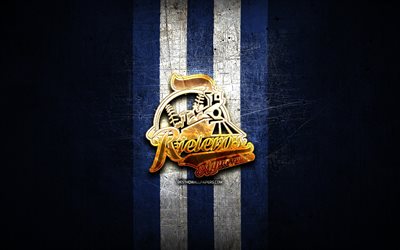 Rieleros de Aguascalientes, golden logo, LMB, blue metal background, mexican baseball team, Mexican Baseball League, Rieleros de Aguascalientes logo, baseball, Mexico