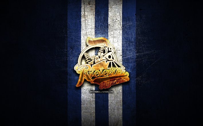 Rieleros de Aguascalientes, logotipo dourado, LMB, fundo de metal azul, time mexicano de beisebol, Liga Mexicana de Beisebol, logotipo Rieleros de Aguascalientes, beisebol, M&#233;xico
