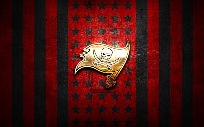 Tampa Bay Buccaneers flag, NFL, red black metal background, american football team, Tampa Bay Buccaneers logo, USA, american football, golden logo, Tampa Bay Buccaneers