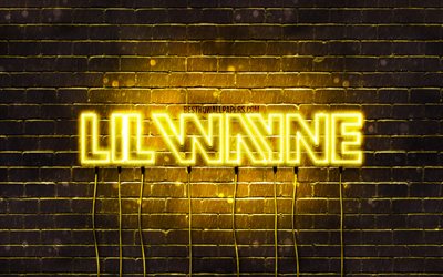 Lil Wayne sarı logo, 4k, s&#252;per yıldızlar, Amerikalı şarkıcı, sarı brickwall, Lil Wayne logosu, Dwayne Michael Carter, Lil Wayne, m&#252;zik yıldızları, Lil Wayne neon logo