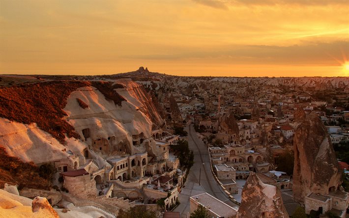 Goreme, Cappadocia, evening, sunset, city in rocks, Goreme cityscape, Turkey