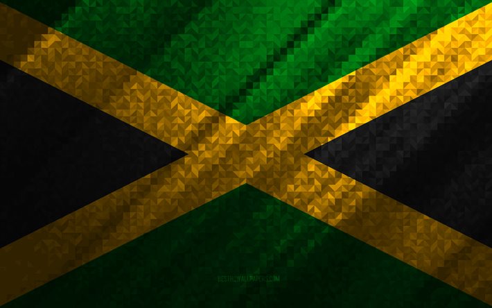 Jamaicas flagga, m&#229;ngf&#228;rgad abstraktion, Jamaica mosaikflagga, Jamaica, mosaikkonst, Jamaica flagga