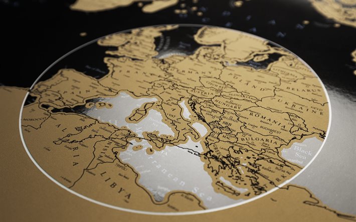 Euroopan kartta, ympyr&#228;, ruskea kartta, karttak&#228;sitteet, Eurooppa, Euroopan maantieteellinen kartta