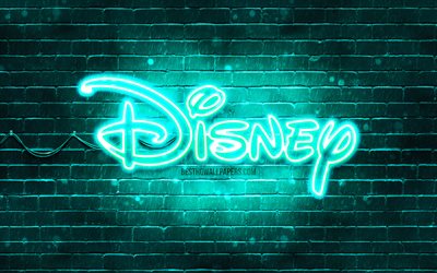 Disney turkoosi logo, 4k, turkoosi tiilisein&#228;, Disney logo, kuvitus, Disney neon logo, Disney