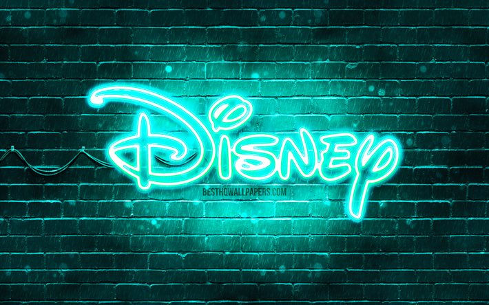 Disney turquoise logo, 4k, turquoise brickwall, Disney logo, artwork, Disney neon logo, Disney