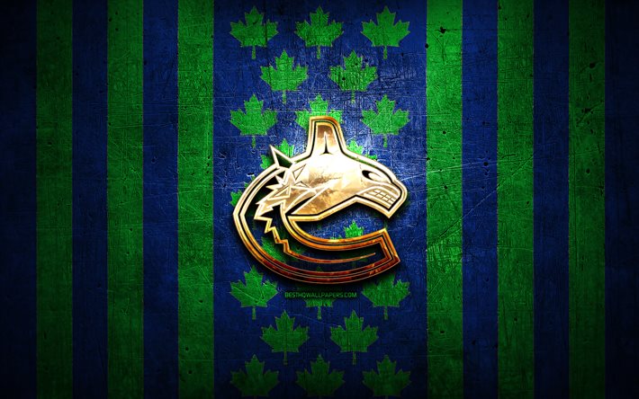 Drapeau des Canucks de Vancouver, LNH, fond m&#233;tal bleu vert, &#233;quipe canadienne de hockey, logo des Canucks de Vancouver, hockey, logo dor&#233;, Canucks de Vancouver