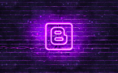 Logotipo violeta do Blogger, 4k, parede de tijolos violeta, logotipo do Blogger, redes sociais, logotipo de n&#233;on do Blogger, Blogger
