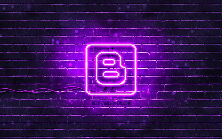 Blogger logo violet, 4k, brickwall violet, logo Blogger, r&#233;seaux sociaux, logo n&#233;on Blogger, Blogger