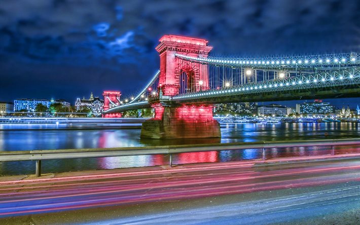 Szechenyi Chain Bridge, nightscapes, hungarian cities, River Danube, Budapest, Hungary, Europe, hungarian landmarks