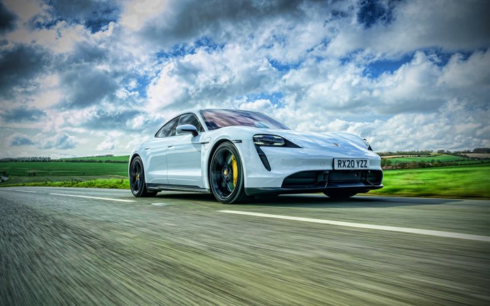 4k, Porsche Taycan Turbo, desenfoque de movimiento, autos 2020, especificaciones del Reino Unido, HDR, Porsche Taycan 2020, autos de lujo, autos alemanes, Porsche