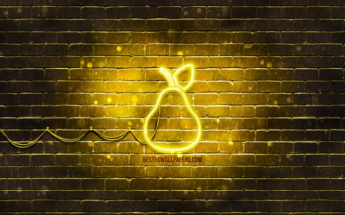 Pear neon icon, 4k, yellow background, neon symbols, Pear, neon icons, Pear sign, food signs, Pear icon, food icons