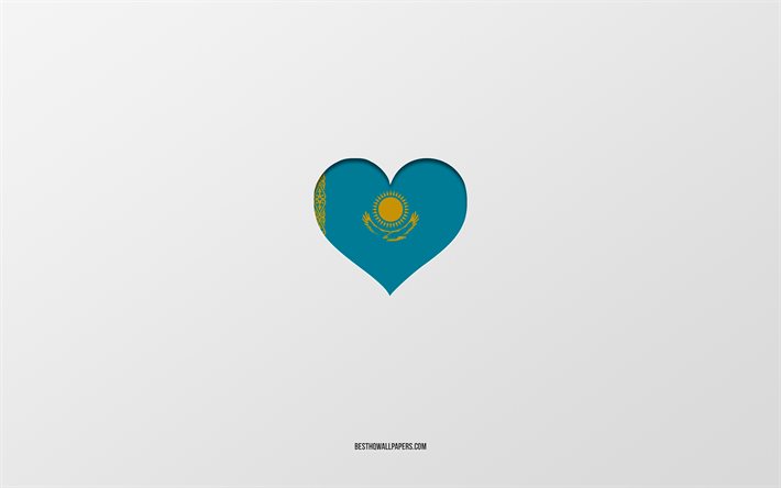J&#39;aime le Kazakhstan, les pays europ&#233;ens, le Kazakhstan, le fond gris, le coeur du drapeau du Kazakhstan, le pays pr&#233;f&#233;r&#233;, l&#39;amour le Kazakhstan