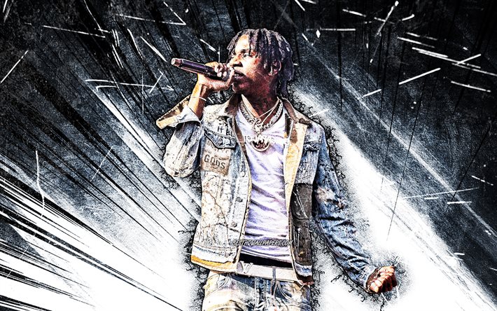4k, Polo G, grunge art, american rapper, music stars, Polo G with microphone, blue abstract rays, Taurus Tremani Bartlett, american celebrity, Polo G 4K