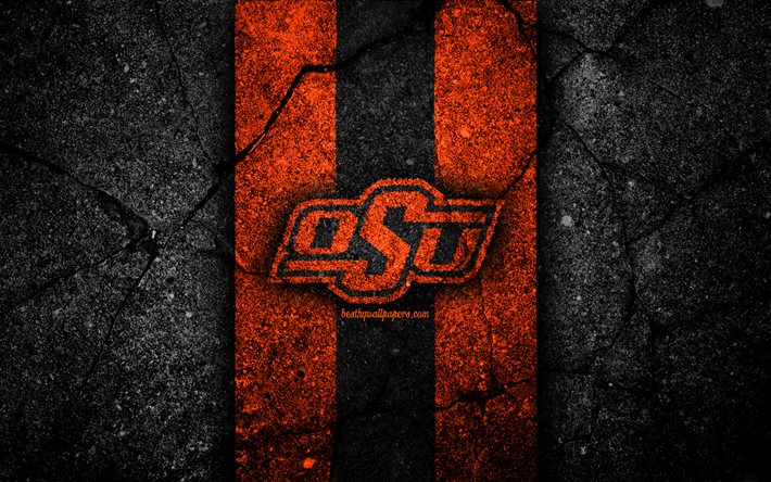Oklahoma Eyalet Kovboyları, 4k, amerikan futbol takımı, NCAA, turuncu siyah taş, ABD, asfalt doku, amerikan futbolu, Oklahoma State Cowboys logosu