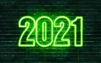 Happy New Year 2021, green brickwall, 4k, 2021 green neon digits, 2021 concepts, wires, 2021 new year, 2021 on green background, 2021 year digits, New Year 2021