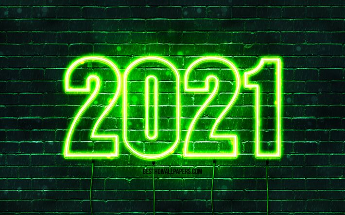 Feliz Ano Novo 2021, parede de tijolos verdes, 4k, 2021 d&#237;gitos de n&#233;on verdes, 2021 conceitos, fios, 2021 ano novo, 2021 em fundo verde, 2021 d&#237;gitos do ano, Ano Novo 2021