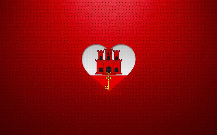 J&#39;aime Gibraltar, 4k, Europe, fond pointill&#233; rouge, coeur de drapeau de Gibraltar, Gibraltar, pays pr&#233;f&#233;r&#233;s, amour de Gibraltar, drapeau de Gibraltar