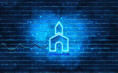 Icona al neon della cappella, 4K, sfondo blu, simboli al neon, cappella, icone al neon, segno della cappella, segni di edifici, icona della cappella, icone degli edifici