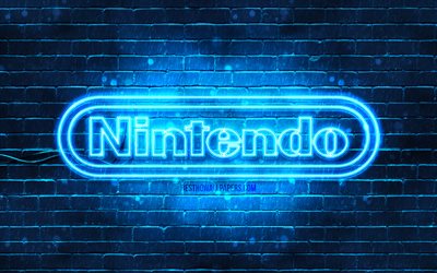 Nintendo blue logo, 4k, blue brickwall, Nintendo logo, brands, Nintendo neon logo, Nintendo