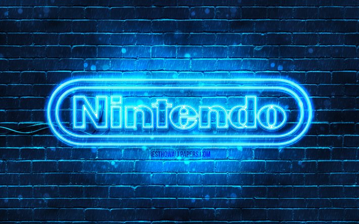 Nintendo mavi logosu, 4k, mavi brickwall, Nintendo logosu, markalar, Nintendo neon logosu, Nintendo
