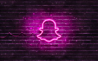 Logo viola Snapchat, 4k, brickwall viola, logo Snapchat, marchi, logo neon Snapchat, Snapchat