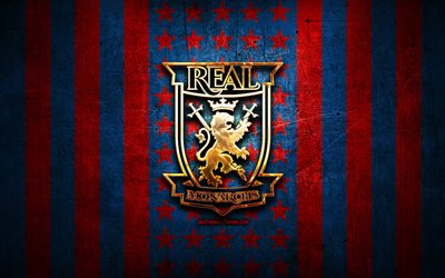 Real Monarchs flag, USL, red blue metal background, american soccer club, Real Monarchs logo, USA, soccer, Real Monarchs FC, golden logo