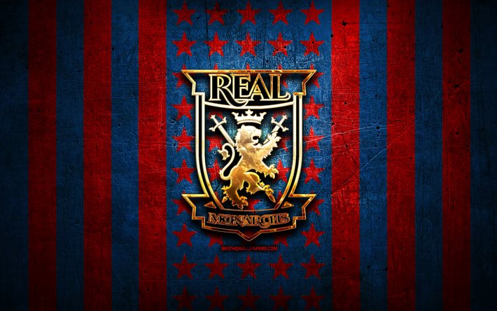 Bandeira do Real Monarchs, USL, fundo de metal vermelho azul, clube de futebol americano, logotipo do Real Monarchs, EUA, futebol, Real Monarchs FC, logotipo dourado