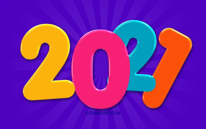 4k, Yeni Yıl 2021, soyut ışınlar, renkli 3D rakamlar, 2021 renkli rakamlar, 2021 kavramlar, 2021 yeni yıl, 2021 mor zemin &#252;zerine, 2021 yılı rakamları, Mutlu Yıllar 2021