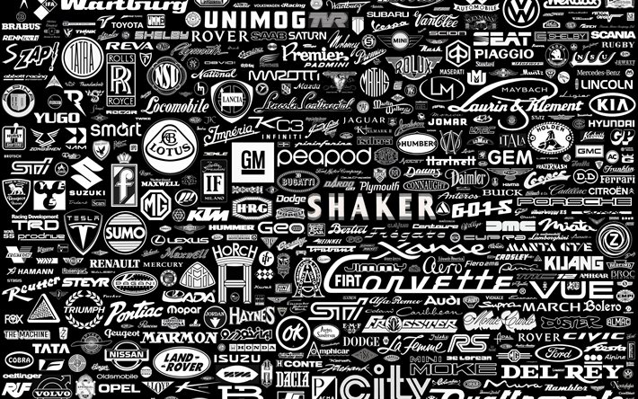 background with different car logos, retro car texture, car logos template, monochrome background with car logos, car brands background, car logos