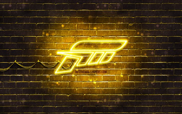 Logotipo amarelo Forza, 4k, parede de tijolos amarelos, logotipo Forza, jogos 2020, logotipo neon Forza