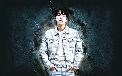 Jin, BTS, Kim Seok-jin, South Korean singer, K-pop, portrait, blue stone background