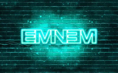 Eminem turkoosi logo, 4k, supert&#228;hdet, amerikkalainen r&#228;pp&#228;ri, turkoosi tiilisein&#228;, Eminem logo, Marshall Bruce Mathers III, Eminem, musiikkit&#228;hdet, Eminem neon logo
