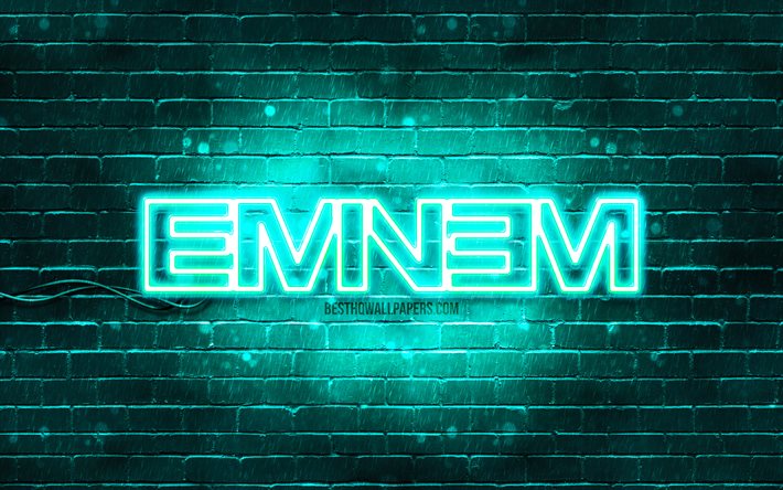 Logo Eminem turquoise, 4k, superstars, rappeur am&#233;ricain, brickwall turquoise, logo Eminem, Marshall Bruce Mathers III, Eminem, stars de la musique, logo n&#233;on Eminem