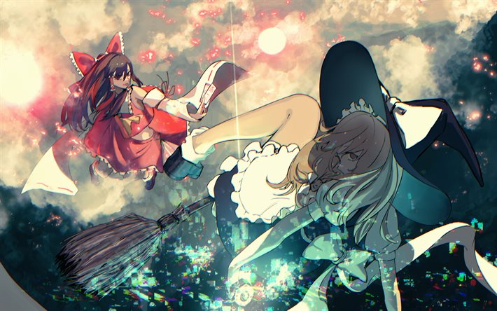 Hakurei Reimu, Kirisame Marisa, protagonists, Touhou, manga, Touhou Project, battle, artwork, Touhou characters