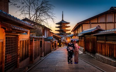 Kyoto, pagoda, evening, Japanese temple, sunset, Japanese traditional woman&#39;s dress, Kyoto cityscape, Japan