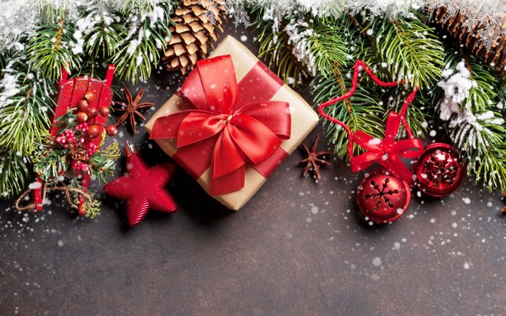 クリスマスプレゼント, 灰色の石の背景, 新年あけましておめでとうございます, クリスマス。, 赤い絹の弓, クリスマスツリー
