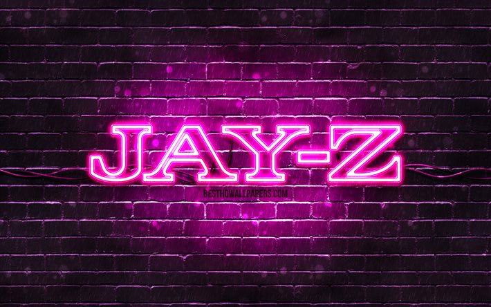 Jay-Z mor logosu, 4k, s&#252;per yıldızlar, Amerikan rap&#231;i, mor brickwall, Jay-Z logosu, Shawn Corey Carter, Jay-Z, m&#252;zik yıldızları, Jay-Z neon logosu