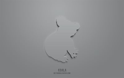 Koala 3d-ikon, grå bakgrund, 3d-symboler, Koala, kreativ 3d-konst, Djurikoner, 3d-ikoner, Koalatecken, Djur 3d-ikoner