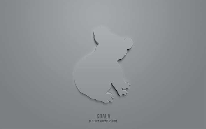 koala 3d symbol, grauer hintergrund, 3d symbole, koala, kreative 3d kunst, tiere symbole, koala zeichen, tiere 3d symbole